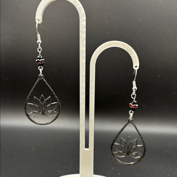 Handmade Silver and Black Lotus Earrings - Picture 6 of 6